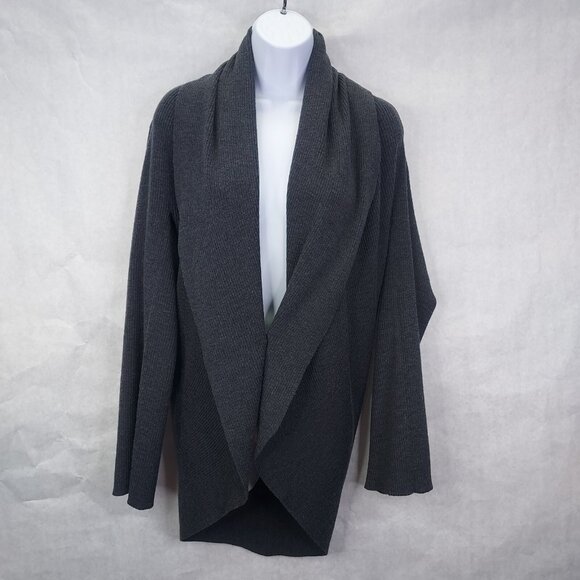 Threads by Saks Fifth Ave Cardigan Women Small Italian Merino Wool Grey Rib Knit - Picture 1 of 11